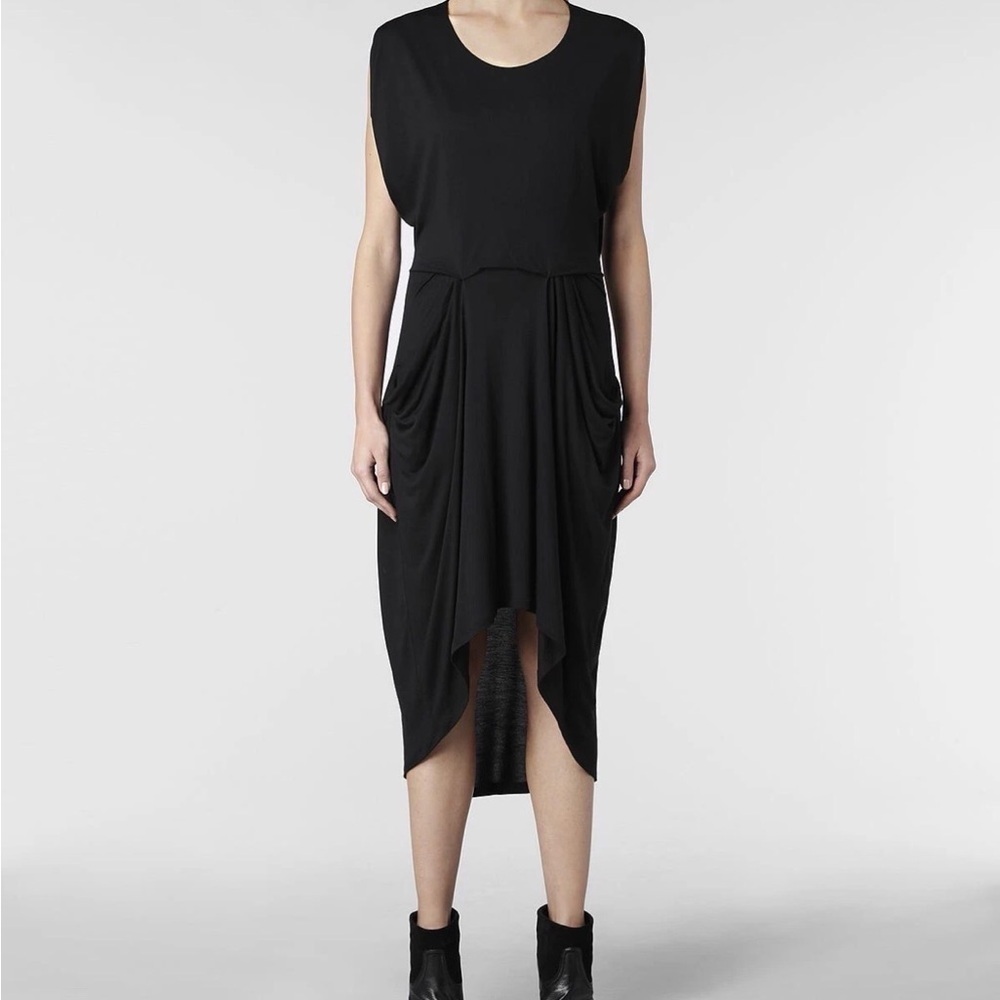 All Saints ‘Zoe Yunao’ Black Dress Sz 2 draped Pockets Lagenlook XS
